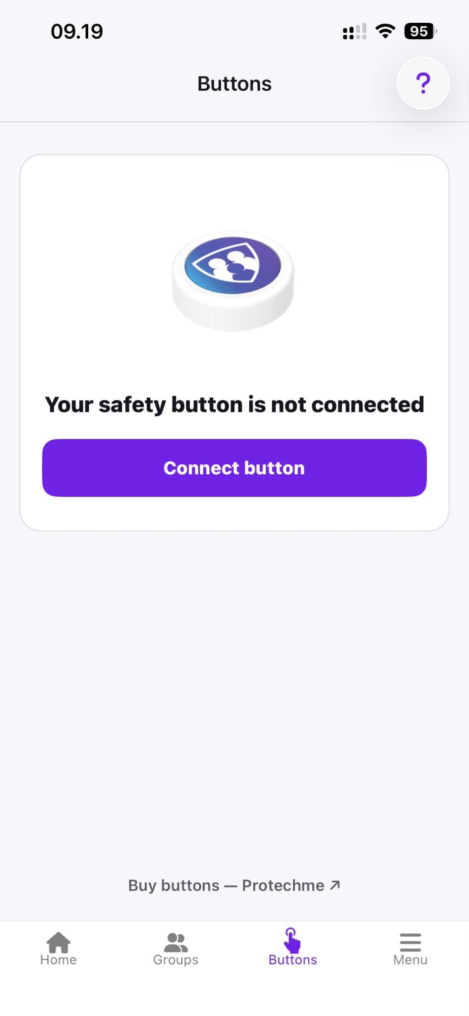 The Buttons screen in the ProTechMe app, showing that no safety button is connected yet